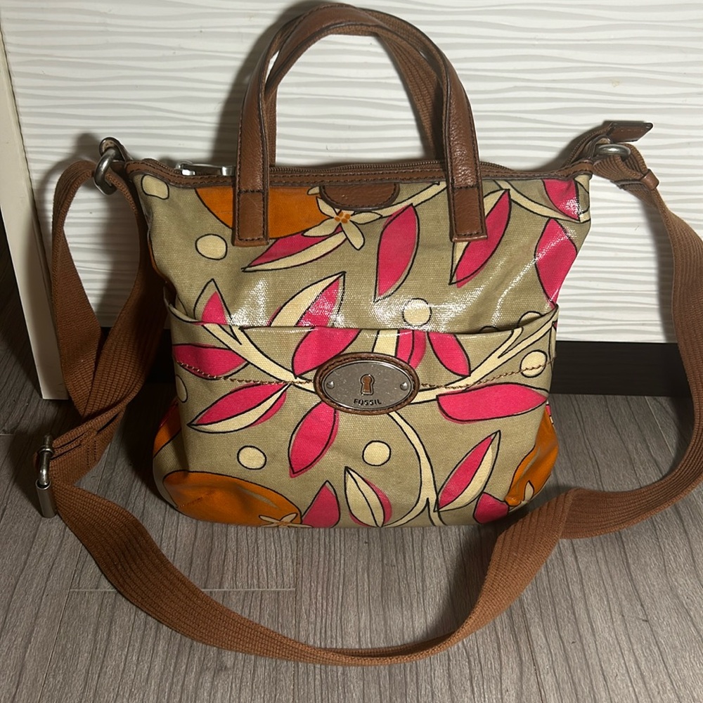 Fossil Beige Floral Crossbody with Pink & Orange Accents